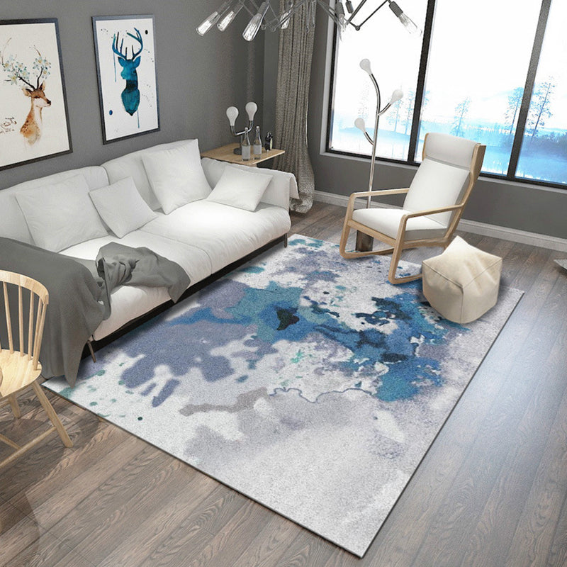 Modern Living Room Rug in Grey and Blue Abstract Print Rug Polyester Anti-Slip Backing Area Rug