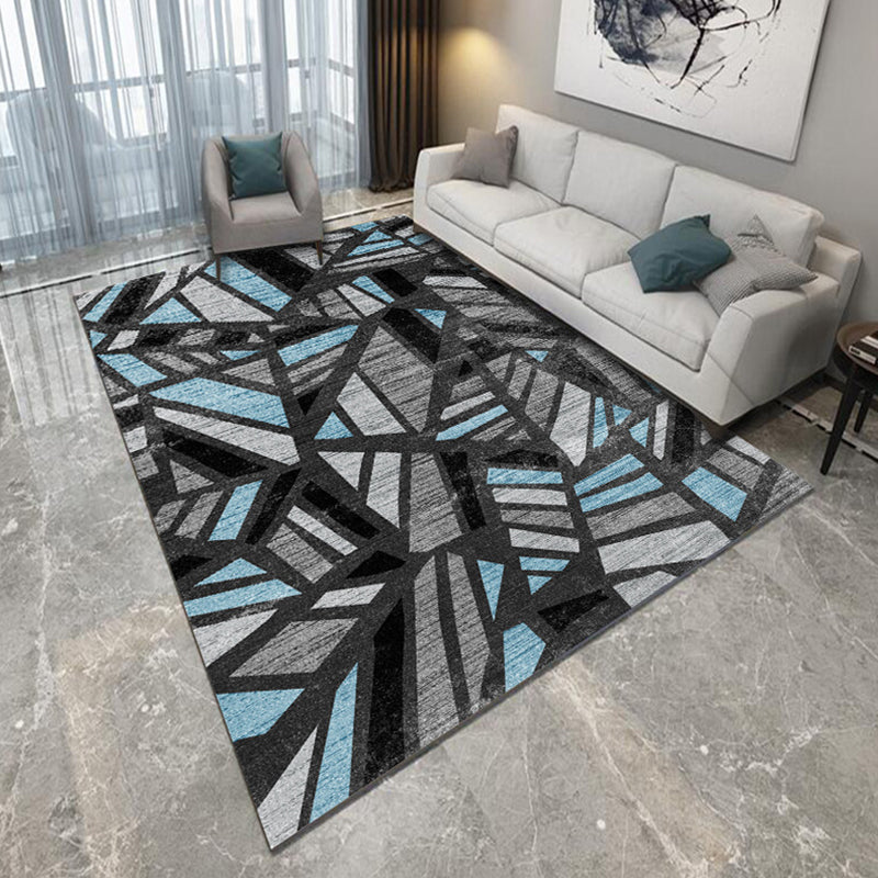 Blue and Black Bedroom Rug Modern Abstract Geometry Pattern Area Rug Polyester Non-Slip Backing Carpet