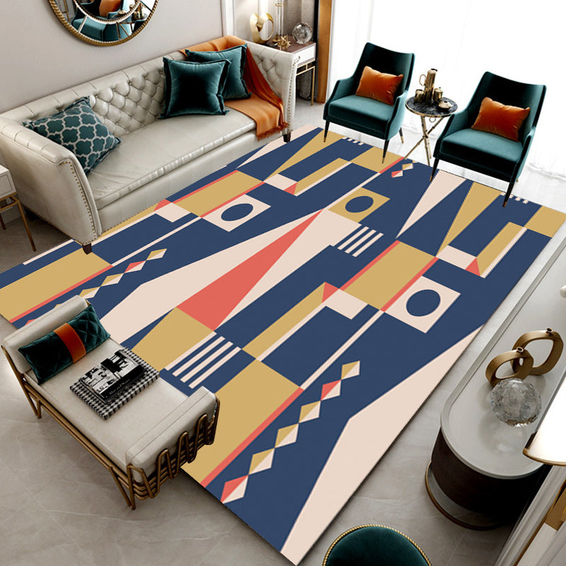 Casual Modern Rug in Blue and Yellow Colorblock Geometry Pattern Rug Polyester Non-Slip Carpet for Home Decoration