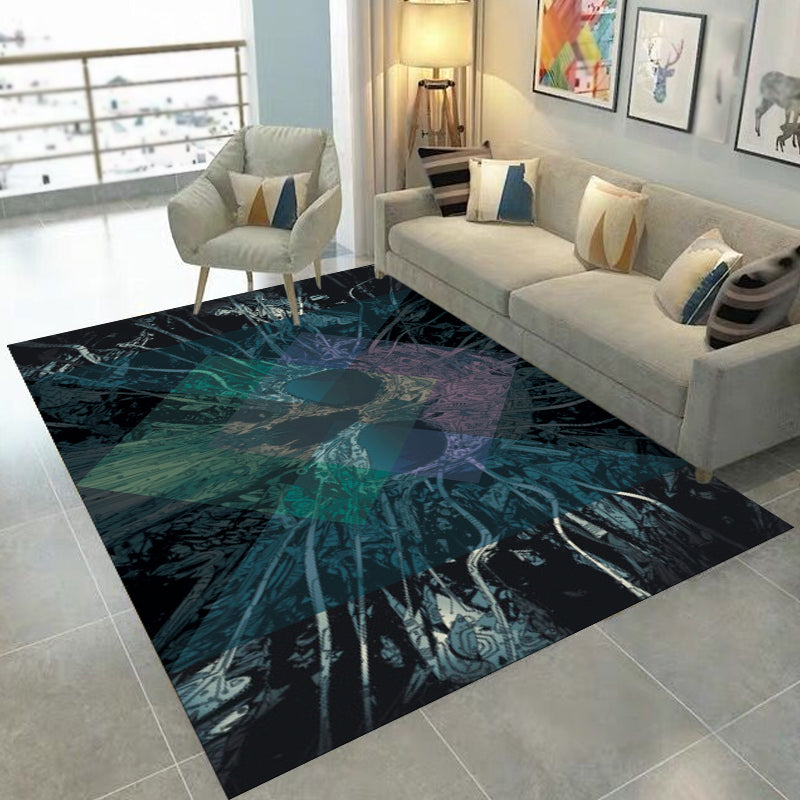 Modern Living Room Rug in Black Skull Diamond Print Rug Polyester Anti-Slip Pet Friendly Area Rug