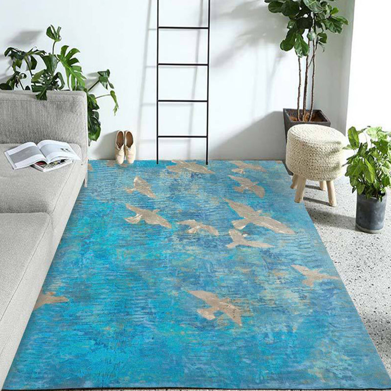 Modern Living Room Rug in Gold and Blue Abstract Twisted Line Print Rug Polyester Pet Friendly Area Rug
