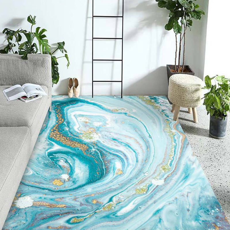 Modern Living Room Rug in Gold and Blue Abstract Twisted Line Print Rug Polyester Pet Friendly Area Rug