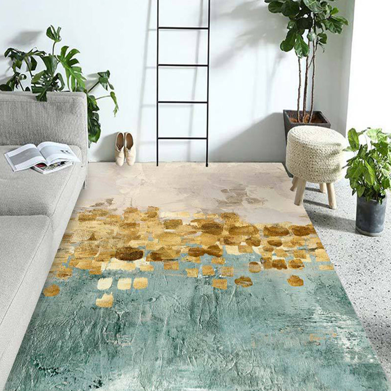 Modern Living Room Rug in Gold and Blue Abstract Twisted Line Print Rug Polyester Pet Friendly Area Rug