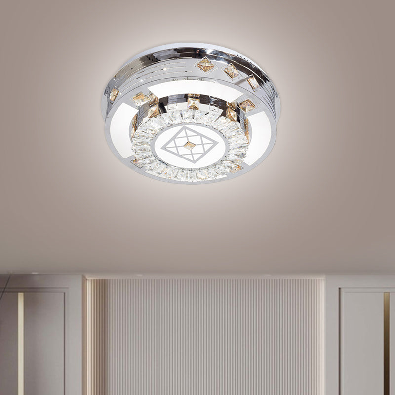 Chrome LED Round Flush Mount Lighting Modernist Faceted Crystal Ceiling Fixture in Warm/White Light, 19.5"/31.5" Wide