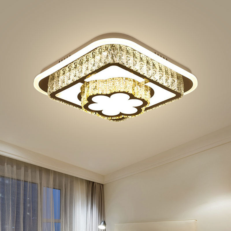 Round/Flower Bedroom Ceiling Lamp Crystal Block LED Contemporary Flushmount Lighting in Silver, Warm/White Light