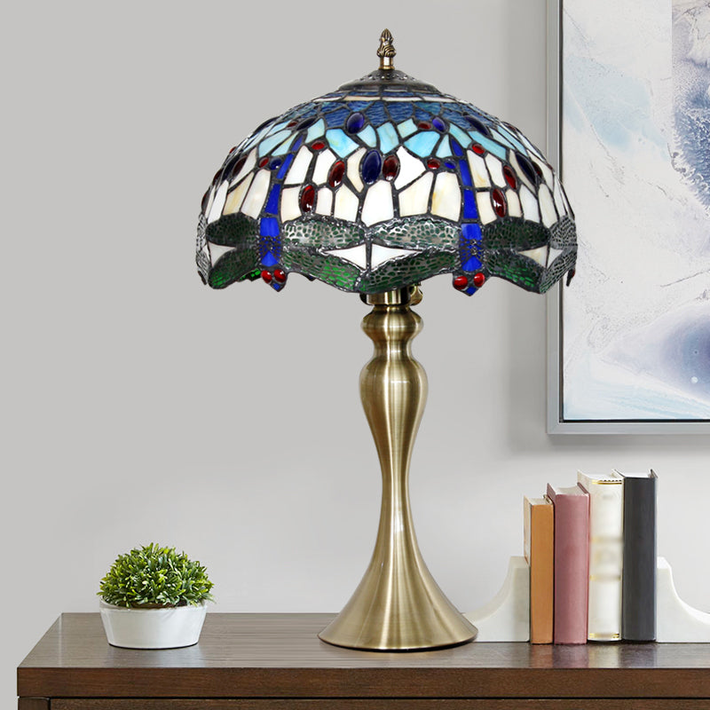 Lampada da comodino smerlata in vetro colorato mediterraneo con illuminazione da tavolo blu a 1 testa con perline