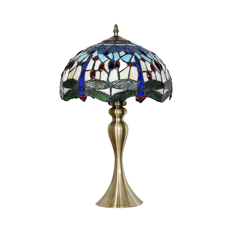 Lampada da comodino smerlata in vetro colorato mediterraneo con illuminazione da tavolo blu a 1 testa con perline