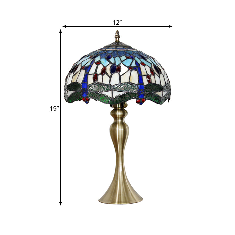 Lampada da comodino smerlata in vetro colorato mediterraneo con illuminazione da tavolo blu a 1 testa con perline