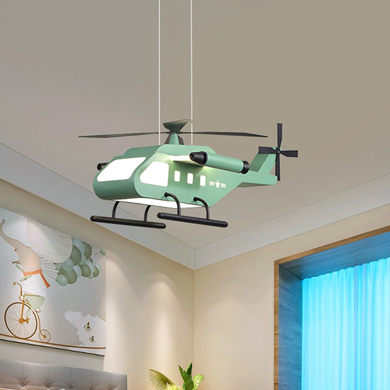 Cartoon -LED -Anhänger Beleuchtung mit Metallschatten gelb/grüner Hubschrauber Hanging Lampe für Jungen Zimmer