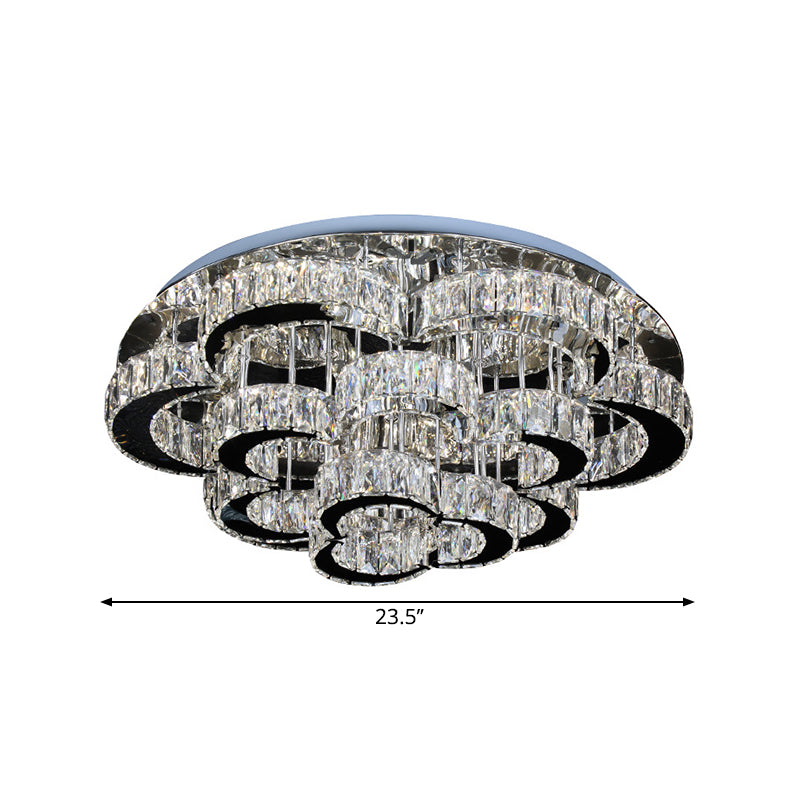 Tiered Floral Semi Flush Mount Modernist Crystal LED Parlor Ceiling Fixture in Chrome, Remote Control Stepless Dimming Light