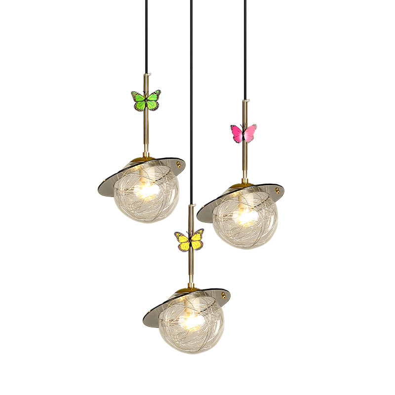 Opal Glass Global Hanging Light Cartoon 3-Bulb Wit/Duidelijke/rokerige hangersverlichting met ronde/lineaire luifel en Dragonfly Deco
