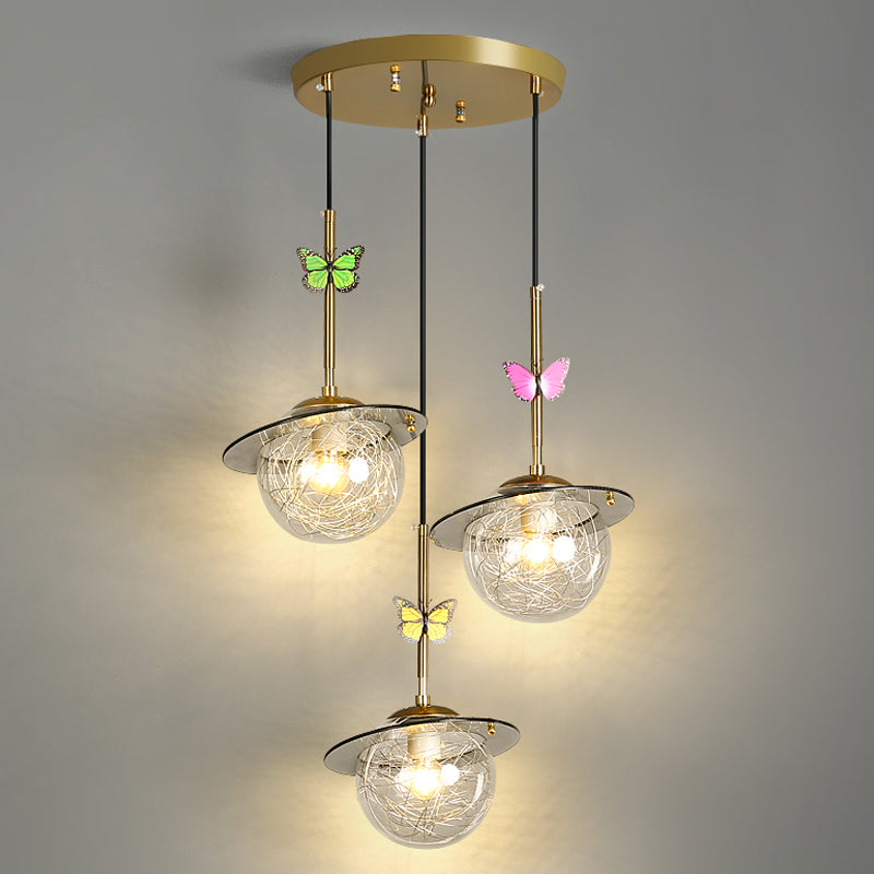 Opal Glass Global Hanging Light Cartoon 3-Bulb Wit/Duidelijke/rokerige hangersverlichting met ronde/lineaire luifel en Dragonfly Deco