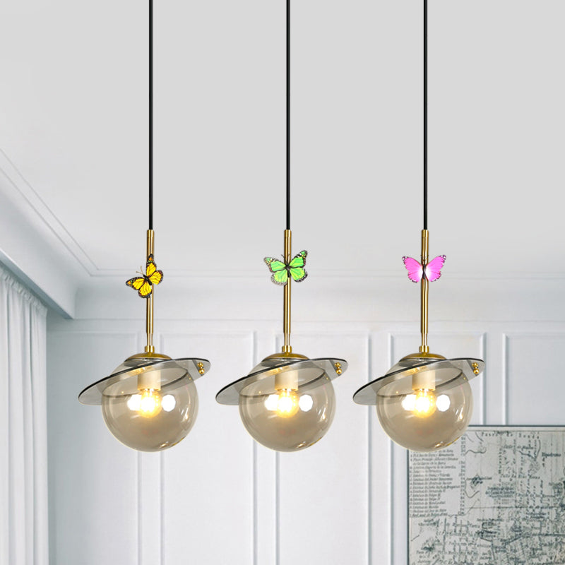 Opal Glass Global Hanging Light Cartoon 3-Bulb Wit/Duidelijke/rokerige hangersverlichting met ronde/lineaire luifel en Dragonfly Deco