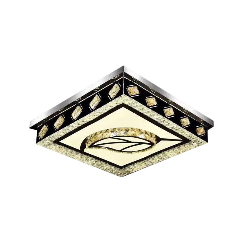 Square Flush Light Fixture Modern Clear Crystal Living Room LED Ceiling Lamp in Nickel with Leaf/Cubic Pattern