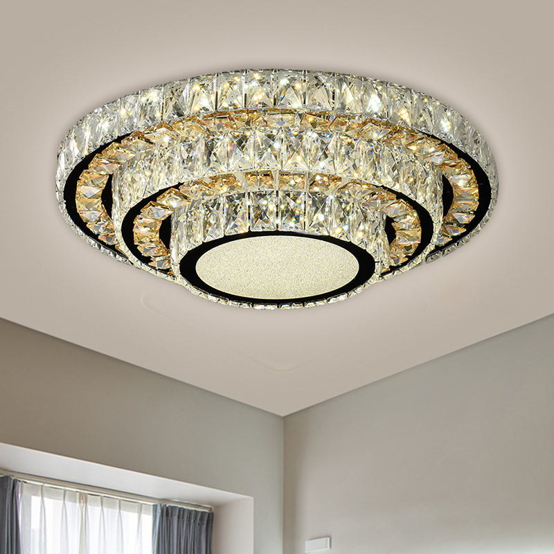 Stainless-Steel Layered Circle Flush Light Modern Style Clear Beveled Crystal LED Ceiling Lighting for Bedroom