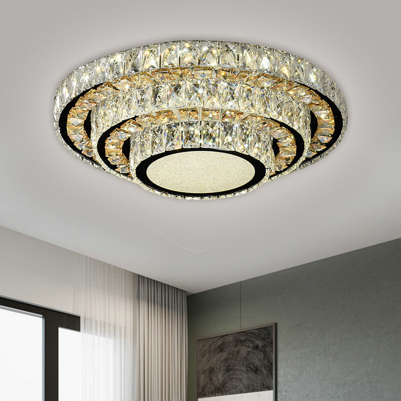 Stainless-Steel Layered Circle Flush Light Modern Style Clear Beveled Crystal LED Ceiling Lighting for Bedroom