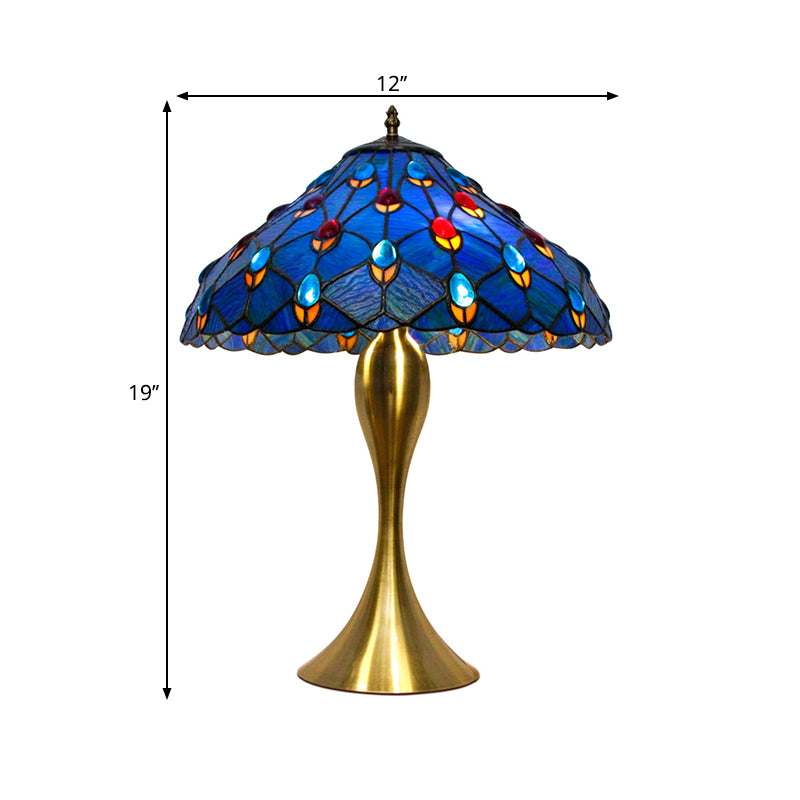 Blauer Kegel Nachttisch Beleuchtung Mittelmeer 1 Glühbirnen -Handgeschnittene Glasaufgabenlampe mit Jewel Deco