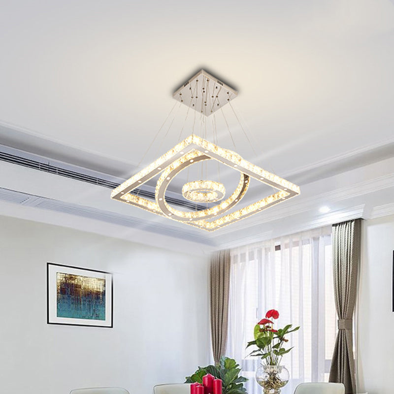 LED Living Room Ceiling Lamp Simple Stainless-Steel Chandelier with Round and Square Crystal Shade in Warm/White Light