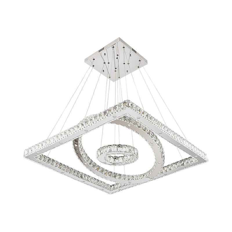 LED Living Room Ceiling Lamp Simple Stainless-Steel Chandelier with Round and Square Crystal Shade in Warm/White Light