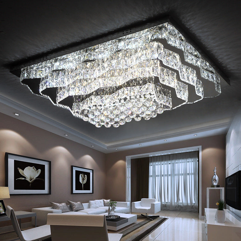 Tiered Flush Mount Lamp Simple Style Cut Crystal Great Room LED Ceiling Light in Chrome
