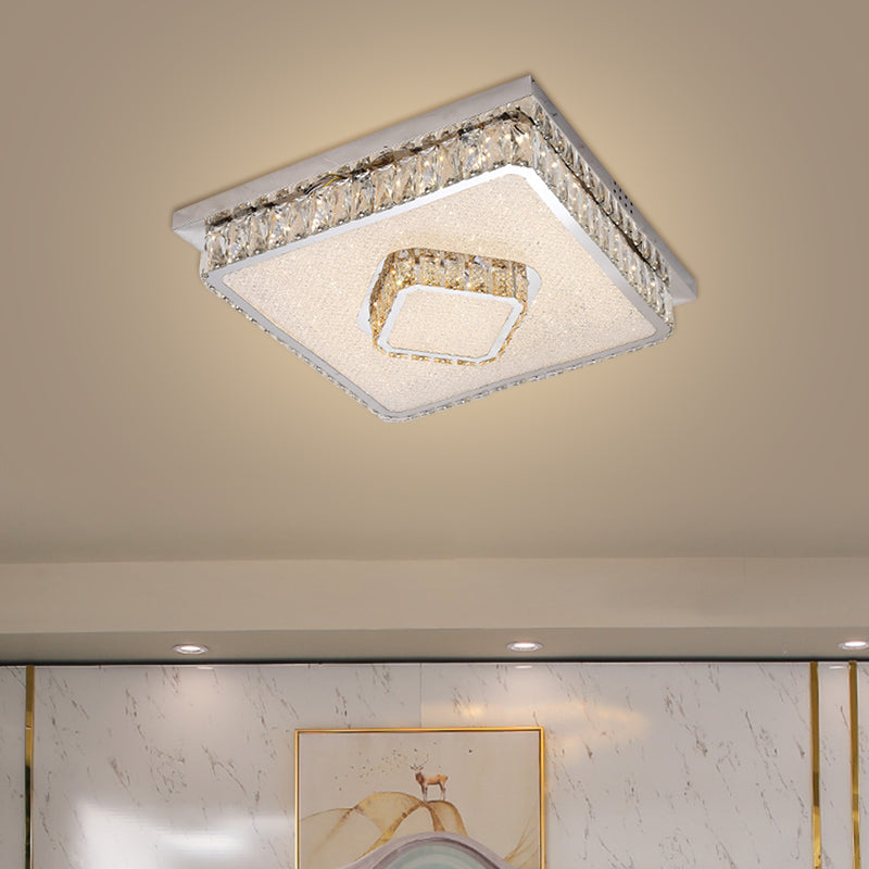 Beveled Crystal Square Flush Mount Lamp Simple LED Chrome Close to Ceiling Lamp in Warm/White Light