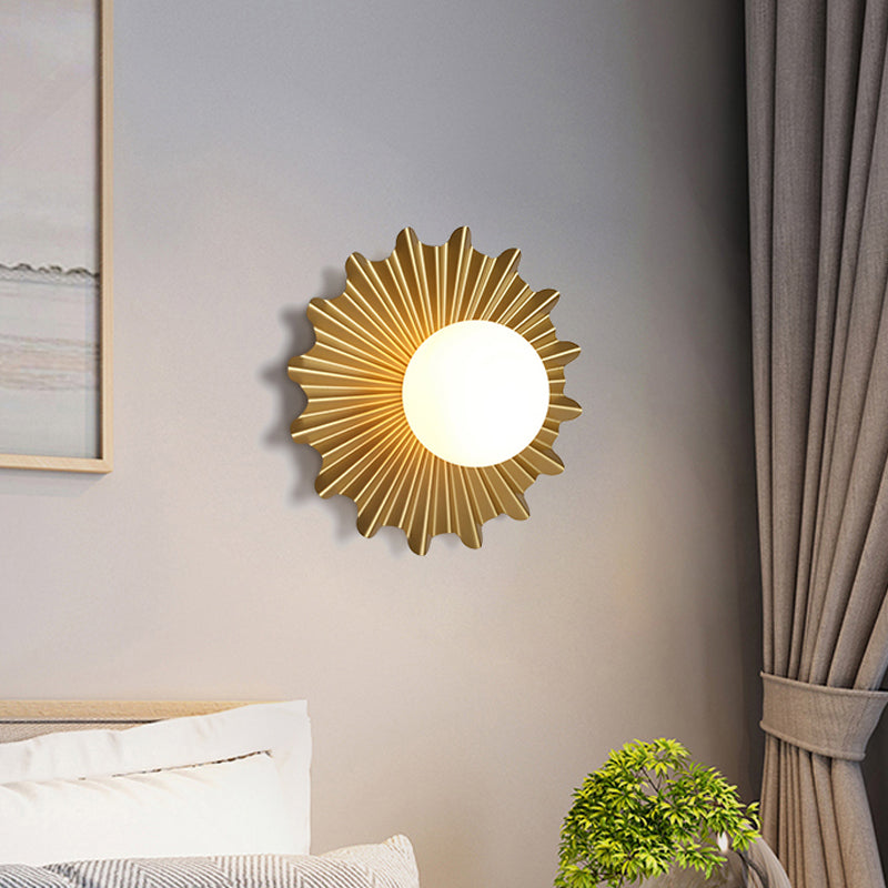 Flower Metallic Wall Light Sconce Cartoon 1 Light Gold Wall Lamp with Milk Glass Shade