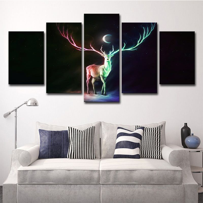 Cartoon Elk and Crescent Canvas Print Green Child Bedroom Wall Art Decor, Multi-Piece