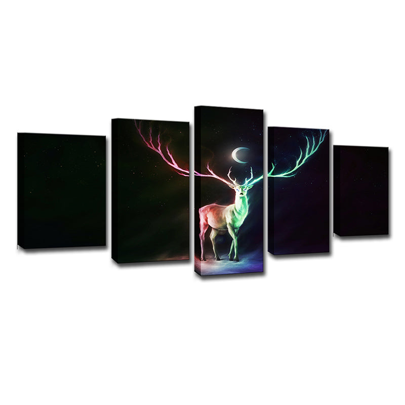 Cartoon Elk and Crescent Canvas Print Green Child Bedroom Wall Art Decor, Multi-Piece