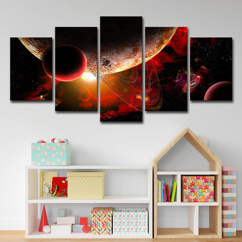 Space Planets Canvas Print in Red Science Fiction Wall Art Decor for Child Bedroom