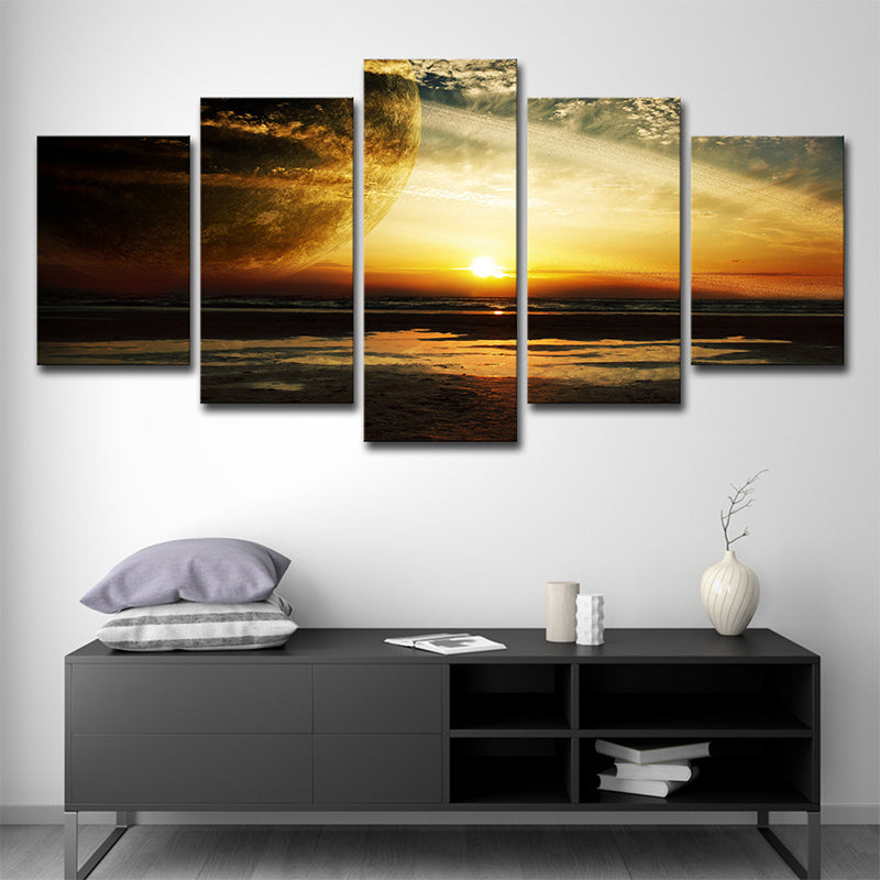 Yellow Sunset Landscape Wall Art Planet Fictional Multi-Piece Canvas for Boys Room