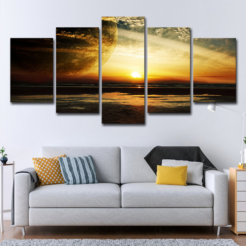 Yellow Sunset Landscape Wall Art Planet Fictional Multi-Piece Canvas for Boys Room