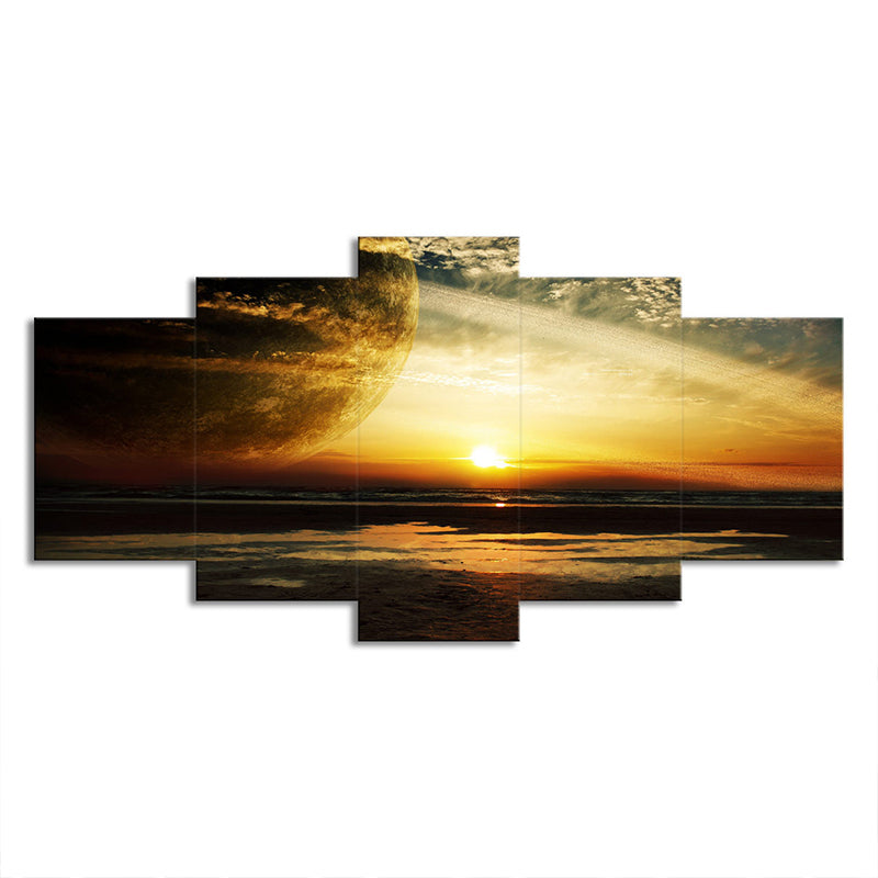 Yellow Sunset Landscape Wall Art Planet Fictional Multi-Piece Canvas for Boys Room