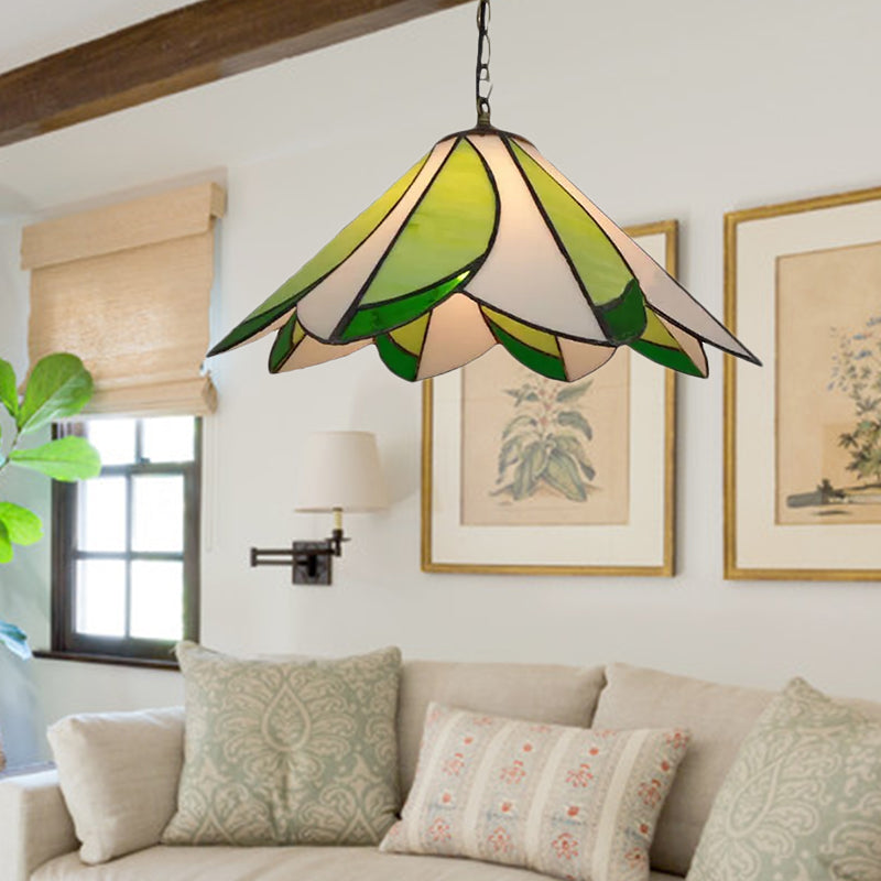 1 Bulb Ceiling Pendant Light Tiffany-Style Bloom Handcrafted Stained Glass Suspension Lighting in Green