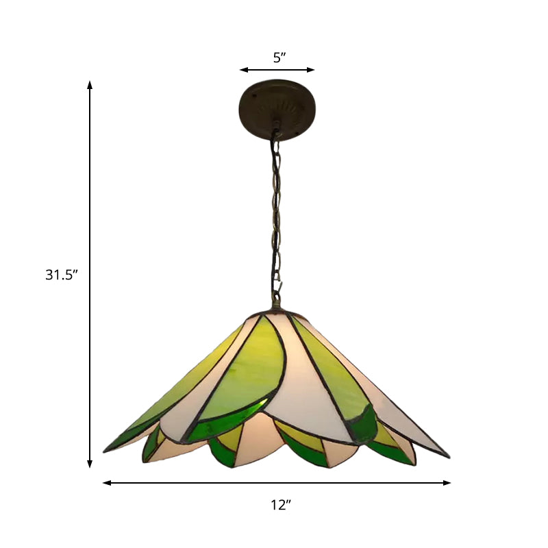 1 Bulb Ceiling Pendant Light Tiffany-Style Bloom Handcrafted Stained Glass Suspension Lighting in Green