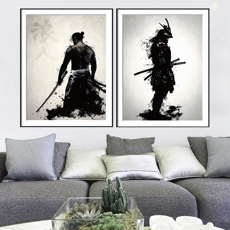 Asian Warrior Painting Canvas Decorative Black Wall Art Print for Parlor, Multiple Sizes