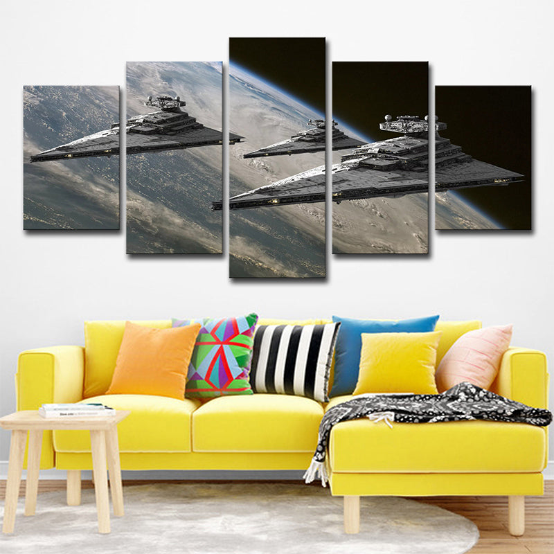 Space Fighter Jets Art Print Fictional Multi-Piece Boys Bedroom Wall Decor in Grey