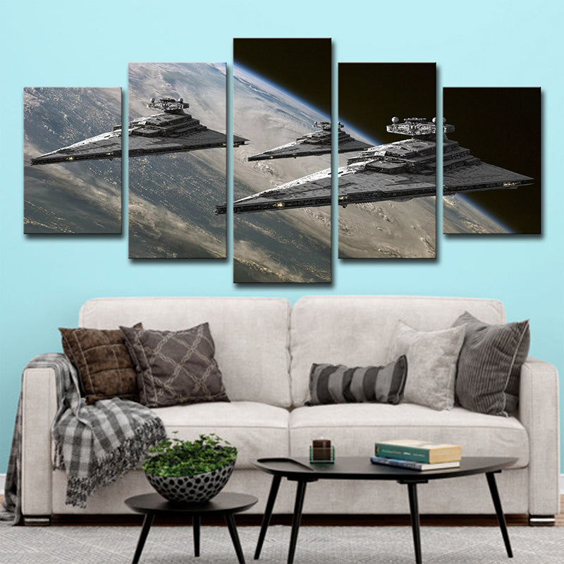 Space Fighter Jets Art Print Fictional Multi-Piece Boys Bedroom Wall Decor in Grey