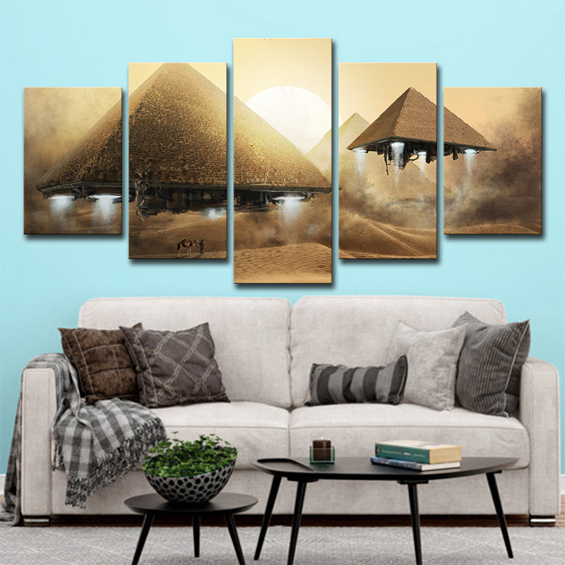 Sci-Fi Flying Pyramid UFO Art Print Boys Canvas Multi-Piece Yellow Wall Decoration