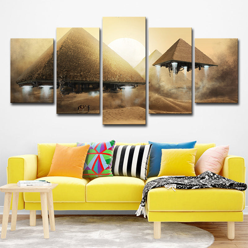 Sci-Fi Flying Pyramid UFO Art Print Boys Canvas Multi-Piece Yellow Wall Decoration