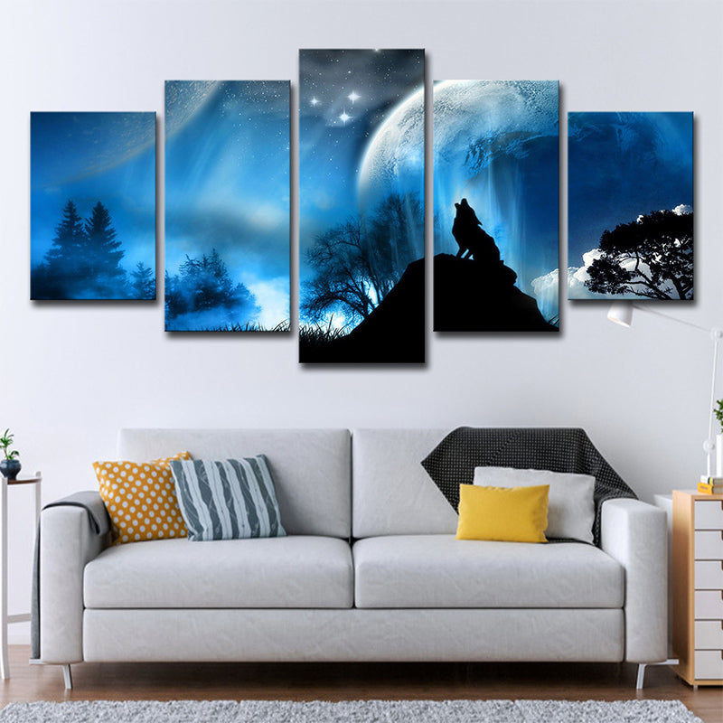 Multi-Piece Blue Canvas Art Kids Digital Print Wolf Howling at the Moon Wall Decor
