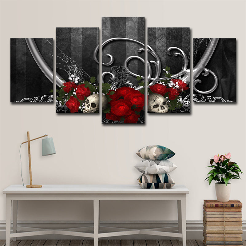 Cool Rose and Skull Canvas Print Boys Bedroom Fantasy Wall Art in Grey-Red