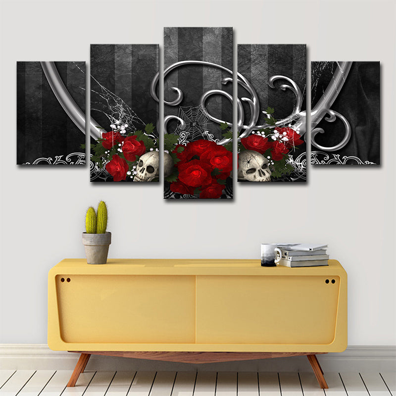 Cool Rose and Skull Canvas Print Boys Bedroom Fantasy Wall Art in Grey-Red