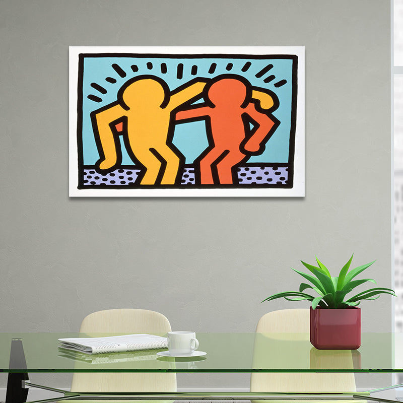 Minimalistische Strichmännchen-Leinwandkunst in hellen Farben, Hobby-Wanddekoration für das Wohnzimmer