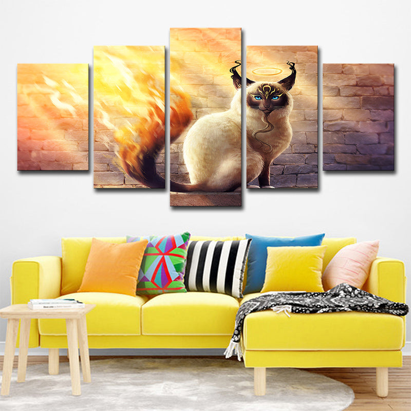 Cat with Fire Tail Canvas Cartoon Magical Comic Character Wall Art Print in Yellow