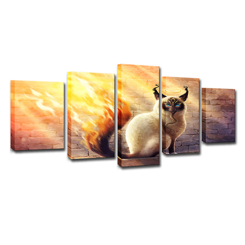 Cat with Fire Tail Canvas Cartoon Magical Comic Character Wall Art Print in Yellow