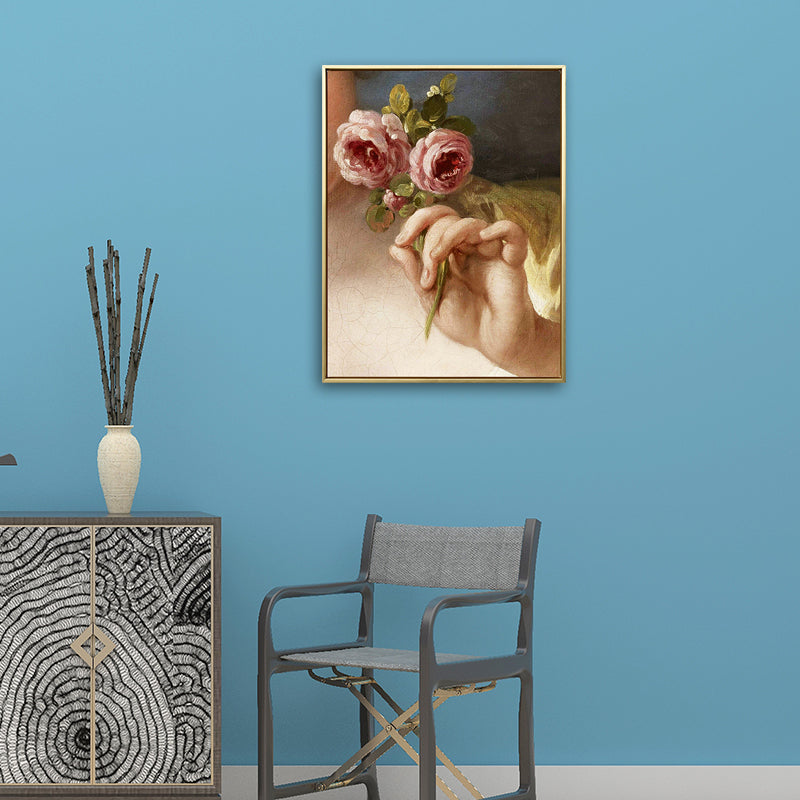 Canvas Print Textured Painting Nostalgic Hand Holding Rose Wall Art Decor in Yellow