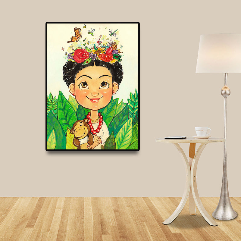 Fille avec des fleurs impressions sur toile décoratives pour décoration murale de chambre d'amis en couleur claire