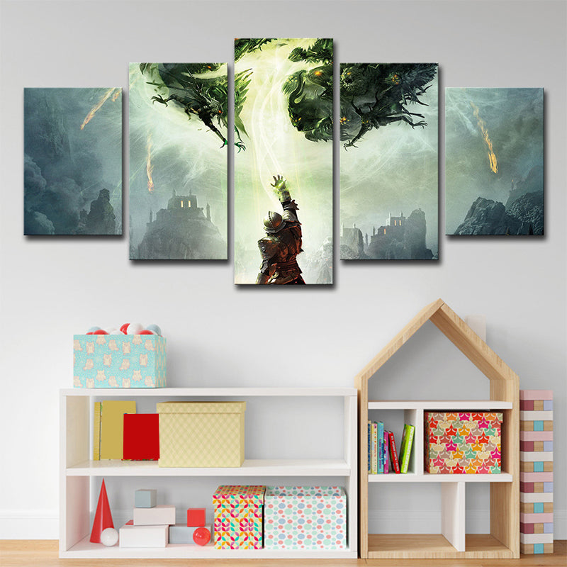 Fantasy Dragon Canvas Art Kids Style Multi-Piece Wall Decoration in Green for Home