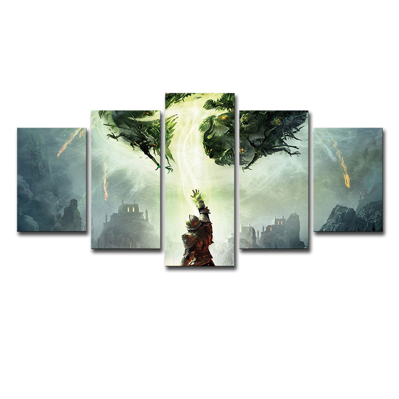 Fantasy Dragon Canvas Art Kids Style Multi-Piece Wall Decoration in Green for Home