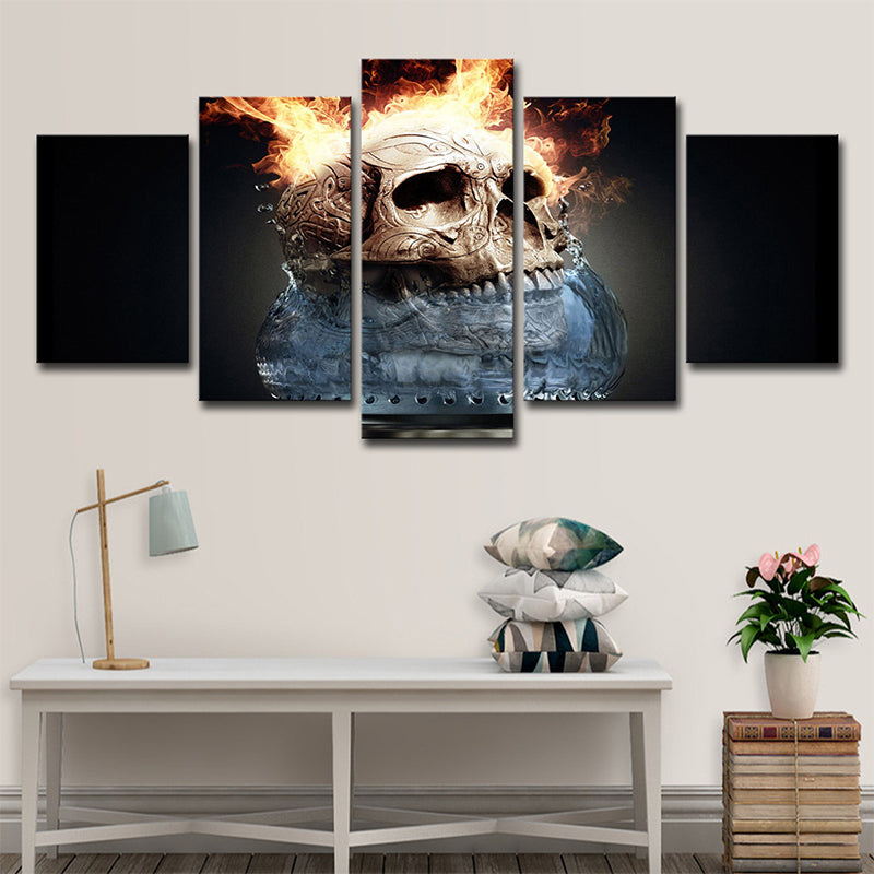Grey Flames and Skull Canvas Print Multi-Piece Wall Art Decor for House Interior